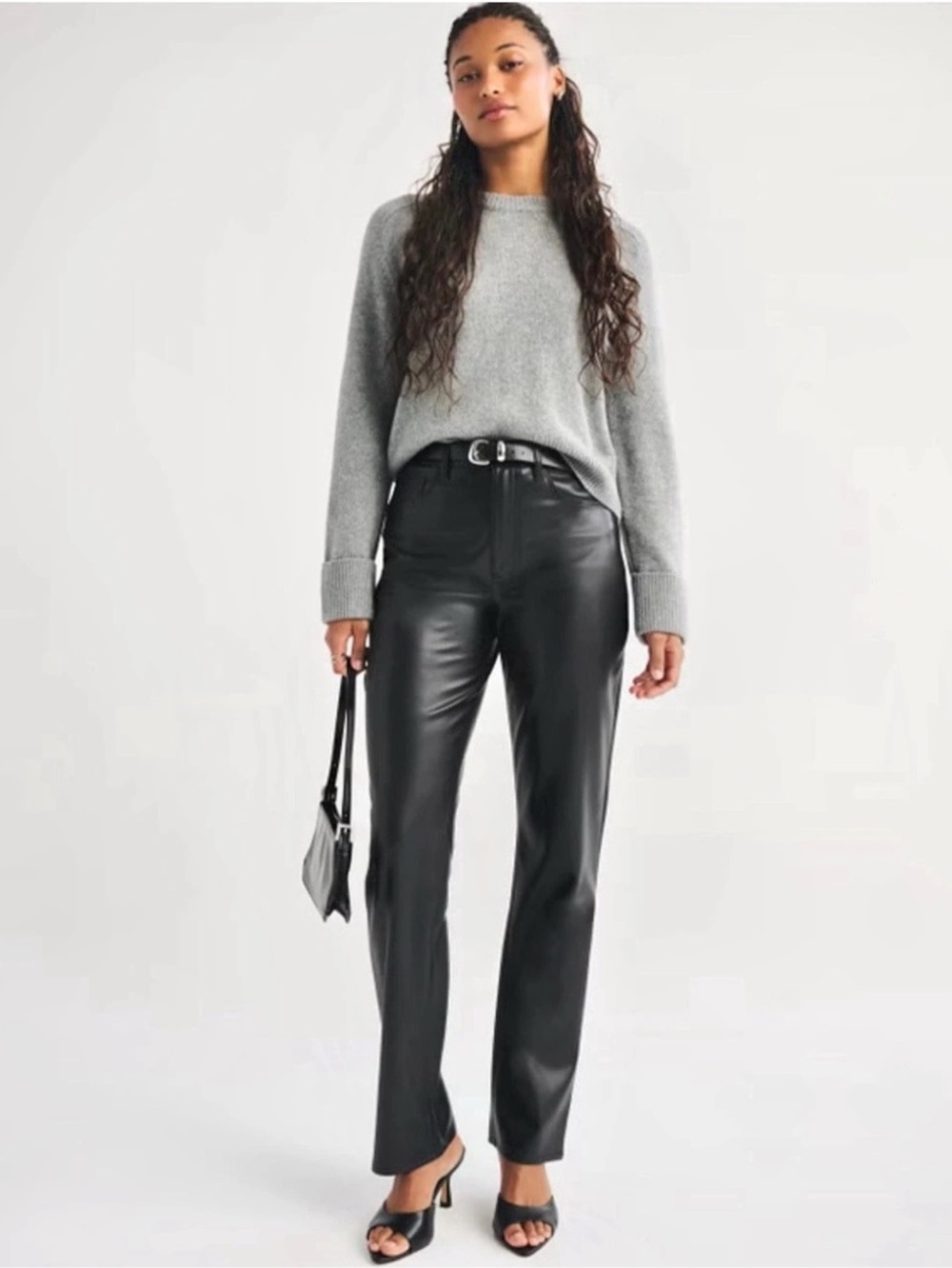 Abercrombie & Fitch Curve Love Vegan Leather Ankle Straight Pant Black Waist 27